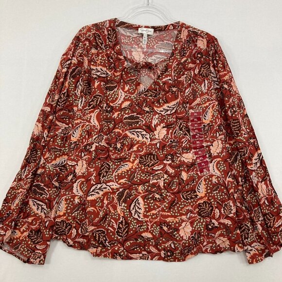 Jessica Simpson size XL Brown Leaf Floral Novelty Boho Tie Front Blouse - Picture 1 of 10